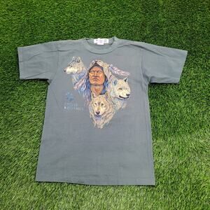 Vintage 90s Native-American Indian Wolf Shirt Medium 19x26 Green